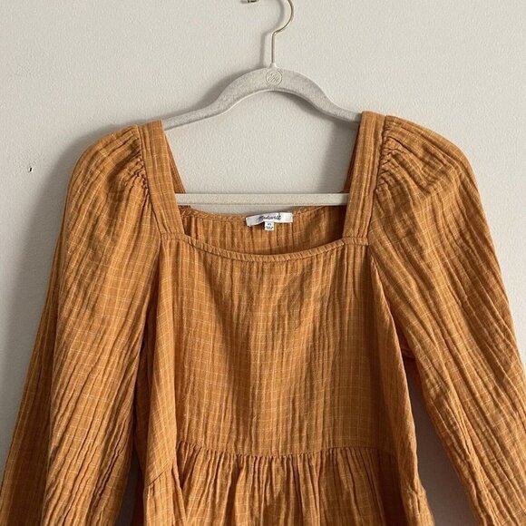 Madewell Women XS Gold Windowpane Lightspun Millbrook Puff-Sleeve Peplum Top - Picture 5 of 9